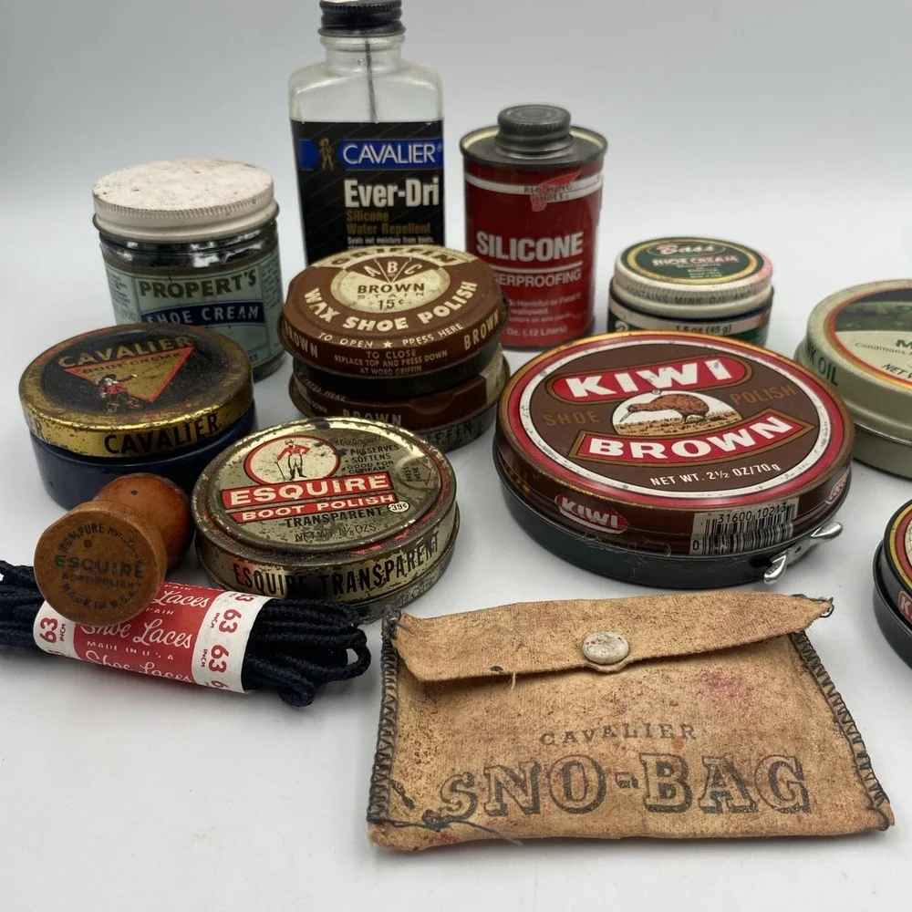 Lot of‎ 14 Vintage Shoe Shine Boot Polishes Kiwi Esquire Cavalier Brush Sno-Bag